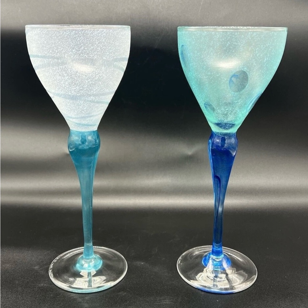 Pair Art Glass Wine Glasses 1992 Hadeland Kari Ulleberg Norway Vintage Blue